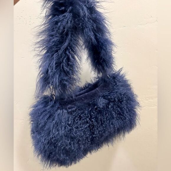 Navy Handmade Real Curly Shearling  Removable Strap Bag/Shoulder Bag/Crossbody - Picture 8 of 17